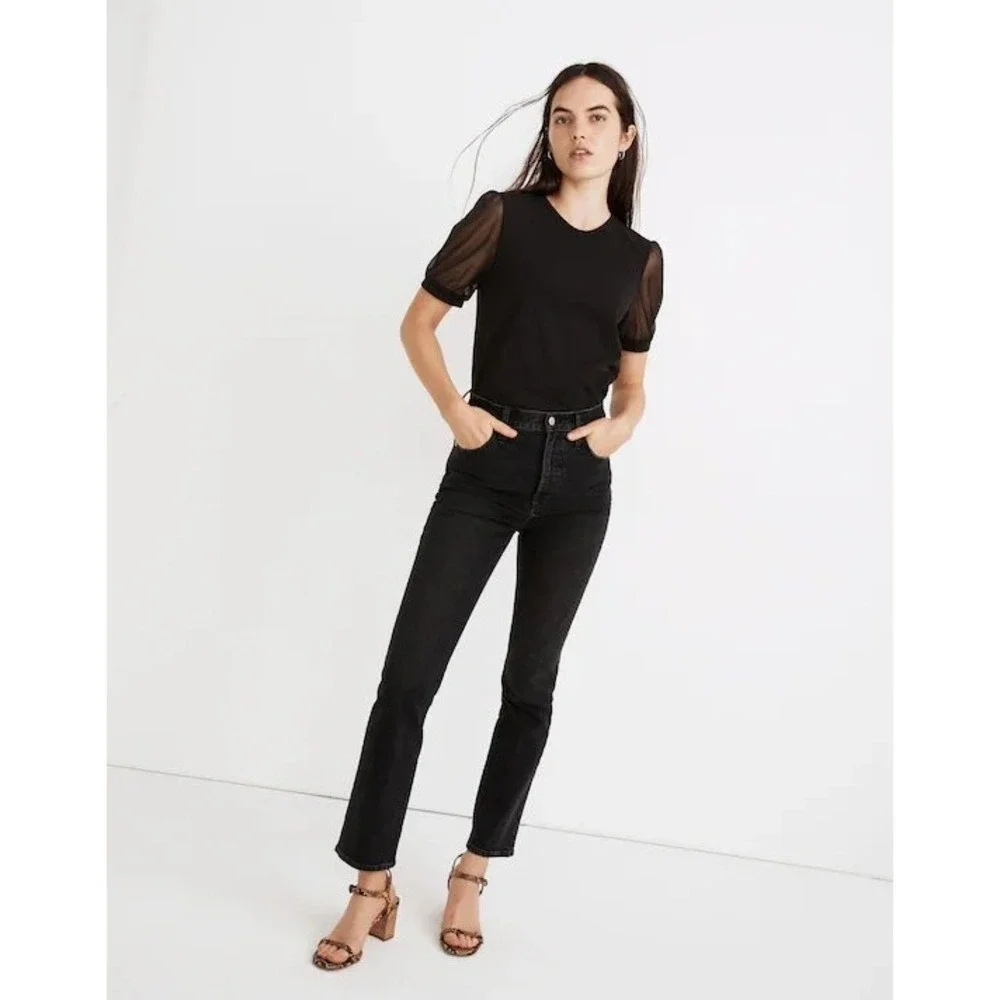 Madewell Black Sheer Mesh Puff Sleeve Knit Top Crew Neck Small